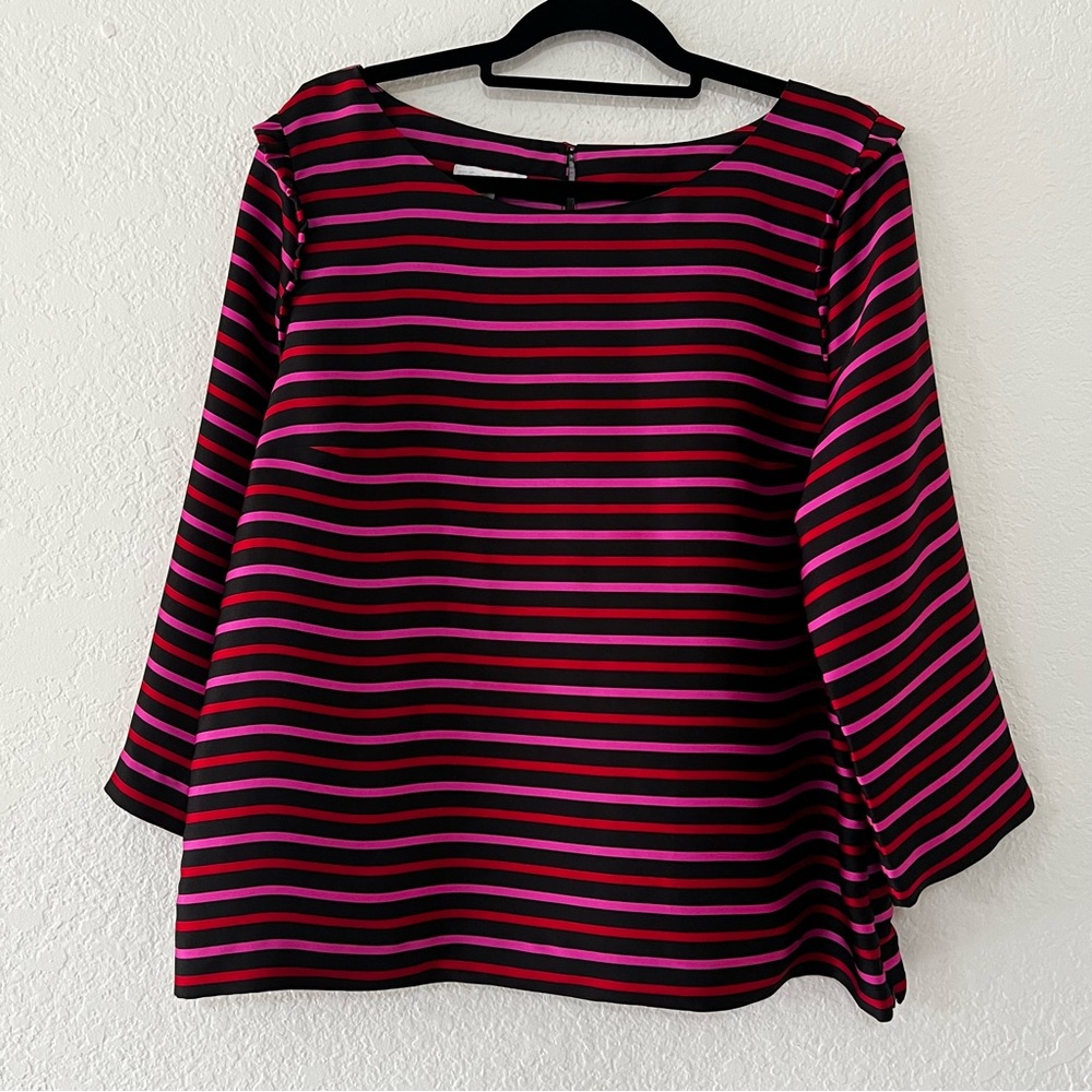 RSVP By Talbots Red Pink & Black Striped Blouse Shoulder Ruffle Women’s Size 16